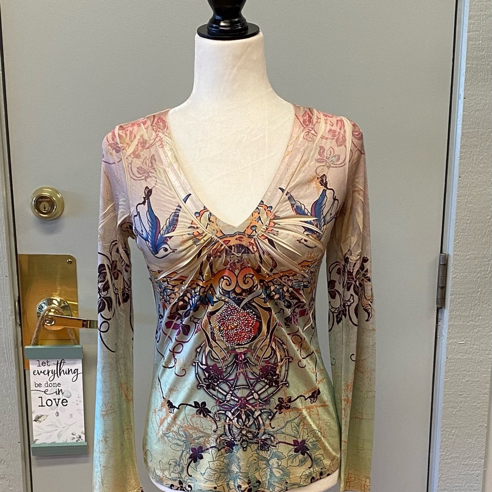 Love Amour Embellished Multicolor Blouse Graphic Long Sleeve Top - Small